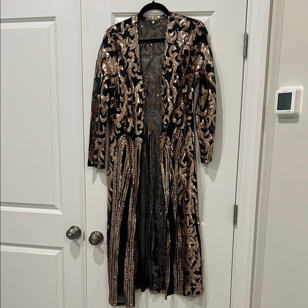 Elegant Black and Gold Sequin cardigan duster